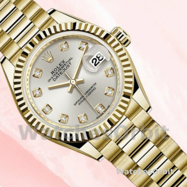 Womens Rolex Datejust-279178, 28mm, Yellow Gold, Silver Diamond Mark Dial, Fluted Bezel, Lady Silver Replica Watch Image