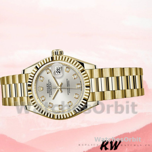 Womens Rolex Datejust-279178, 28mm, Yellow Gold, Silver Diamond Mark Dial, Fluted Bezel, Lady Silver Replica Watch Image