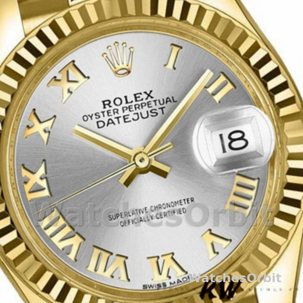 Women's Rolex Datejust-279178, 28mm, Yellow Gold, Silver Roman Dial, Fluted Bezel, Lady Silver
