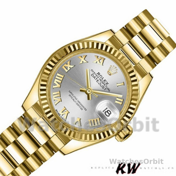 Womens Rolex Datejust-279178, 28mm, Yellow Gold, Silver Roman Dial, Fluted Bezel, Lady Silver Replica Watch Image