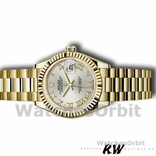 Womens Rolex Datejust-279178, 28mm, Yellow Gold, Silver Roman Dial, Fluted Bezel, Lady Silver Replica Watch Image