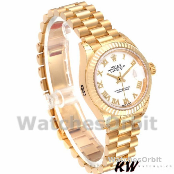 Replica Dames Rolex Datejust-279178, 28mm, Geelgoud, Romeinse wijzerplaat, geribbelde lunette, Lady White