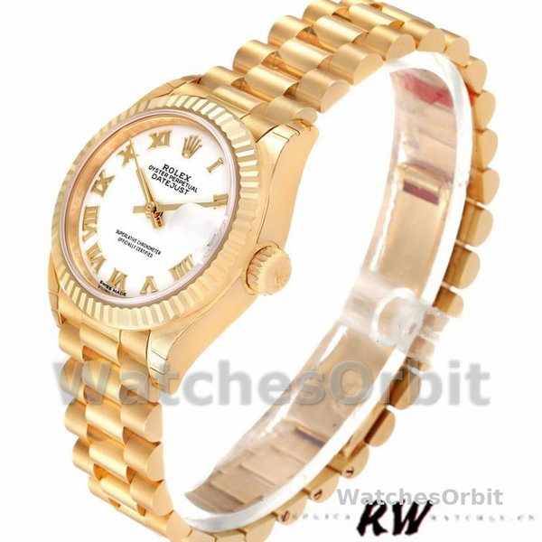 Replica Dames Rolex Datejust-279178, 28mm, Geelgoud, Romeinse wijzerplaat, geribbelde lunette, Lady White