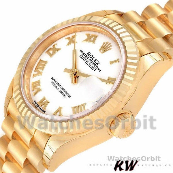 Replica Dames Rolex Datejust-279178, 28mm, Geelgoud, Romeinse wijzerplaat, geribbelde lunette, Lady White