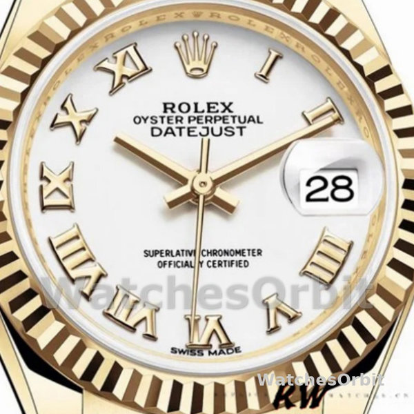 Replica Dames Rolex Datejust-279178, 28mm, Geelgoud, Romeinse wijzerplaat, geribbelde lunette, Lady White