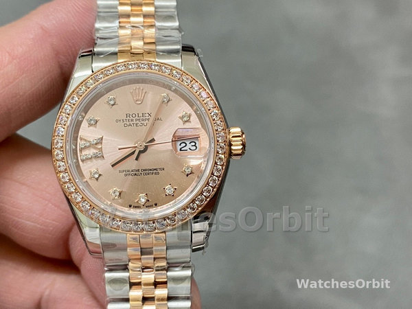Replica Dames Rolex Datejust 28-m279381RBR, Oystersteel & Everose Gold, wijzerplaat in roségoud