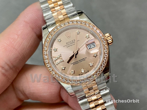 Replica Dames Rolex Datejust 28-m279381RBR, Oystersteel & Everose Gold, wijzerplaat in roségoud