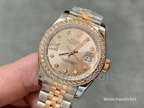 Replica Dames Rolex Datejust 28-m279381RBR, Oystersteel & Everose Gold, wijzerplaat in roségoud