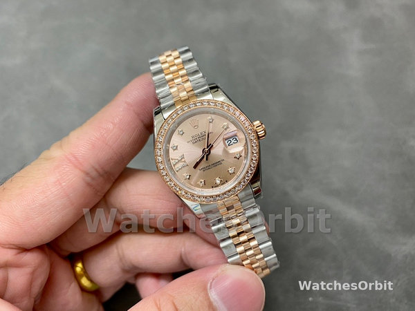 Replica Dames Rolex Datejust 28-m279381RBR, Oystersteel & Everose Gold, wijzerplaat in roségoud