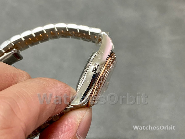 Replica Dames Rolex Datejust 28-m279381RBR, Oystersteel & Everose Gold, wijzerplaat in roségoud