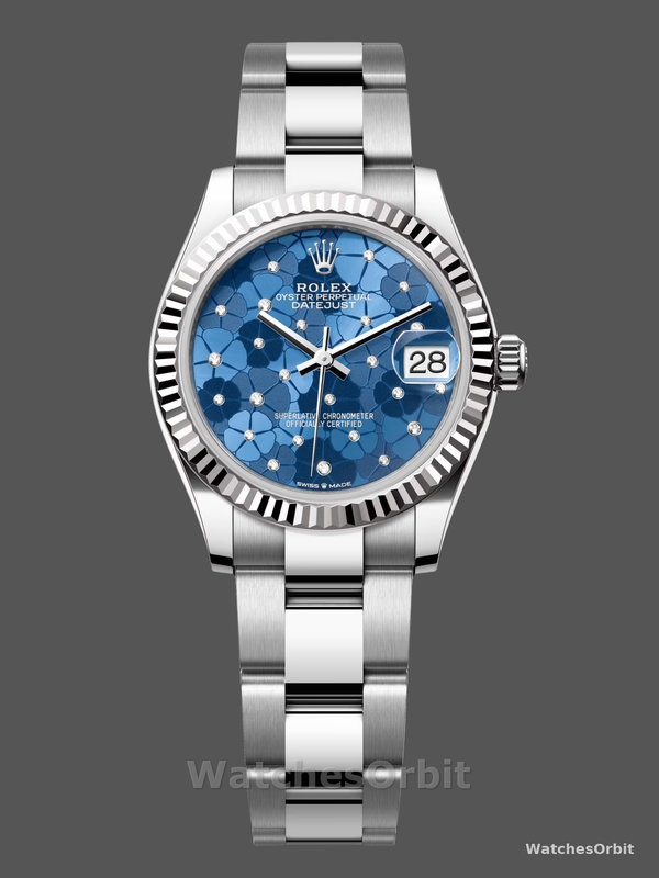 Rolex Datejust 31 Stainless Steel and White Gold Azzuro-Blue-Floral-Motif Diamond Dial m278274-0035