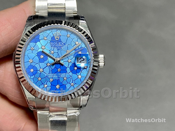 Rolex Datejust 31 Stainless Steel and White Gold Azzuro-Blue-Floral-Motif Diamond Dial m278274-0035