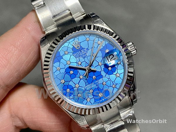 Rolex Datejust 31 Stainless Steel and White Gold Azzuro-Blue-Floral-Motif Diamond Dial m278274-0035