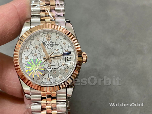 Womens Rolex Datejust 31-m278381rbr, Two-Tone, Silver Floral-Motif, Diamond Bezel, Women’s Silver Floral Motif Dial Replica Watch Image