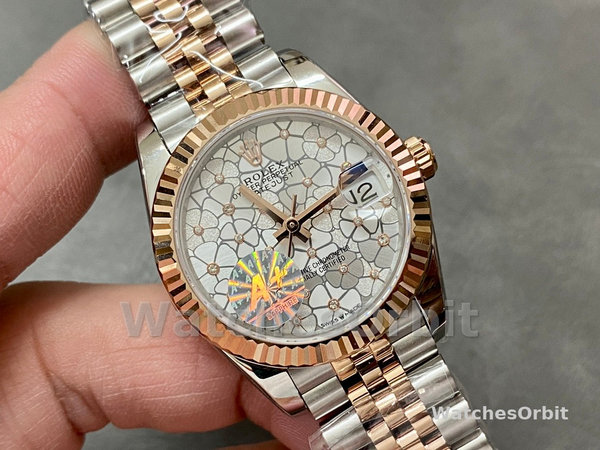 Womens Rolex Datejust 31-m278381rbr, Two-Tone, Silver Floral-Motif, Diamond Bezel, Women’s Silver Floral Motif Dial Replica Watch Image