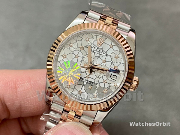 Womens Rolex Datejust 31-m278381rbr, Two-Tone, Silver Floral-Motif, Diamond Bezel, Women’s Silver Floral Motif Dial Replica Watch Image