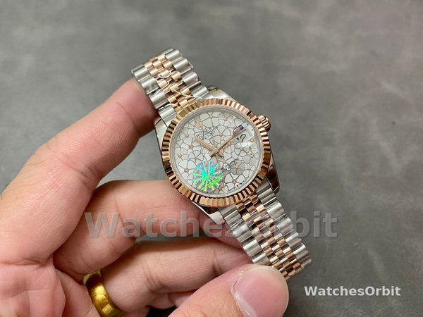 Womens Rolex Datejust 31-m278381rbr, Two-Tone, Silver Floral-Motif, Diamond Bezel, Women’s Silver Floral Motif Dial Replica Watch Image