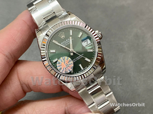 Replica Rolex Datejust 31-M278274 donna, oro bianco, quadrante verde menta, quadrante verde donna