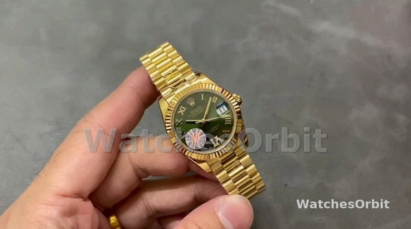 Replica Rolex Datejust 31-m278278 voor dames, geelgoud, groene wijzerplaat