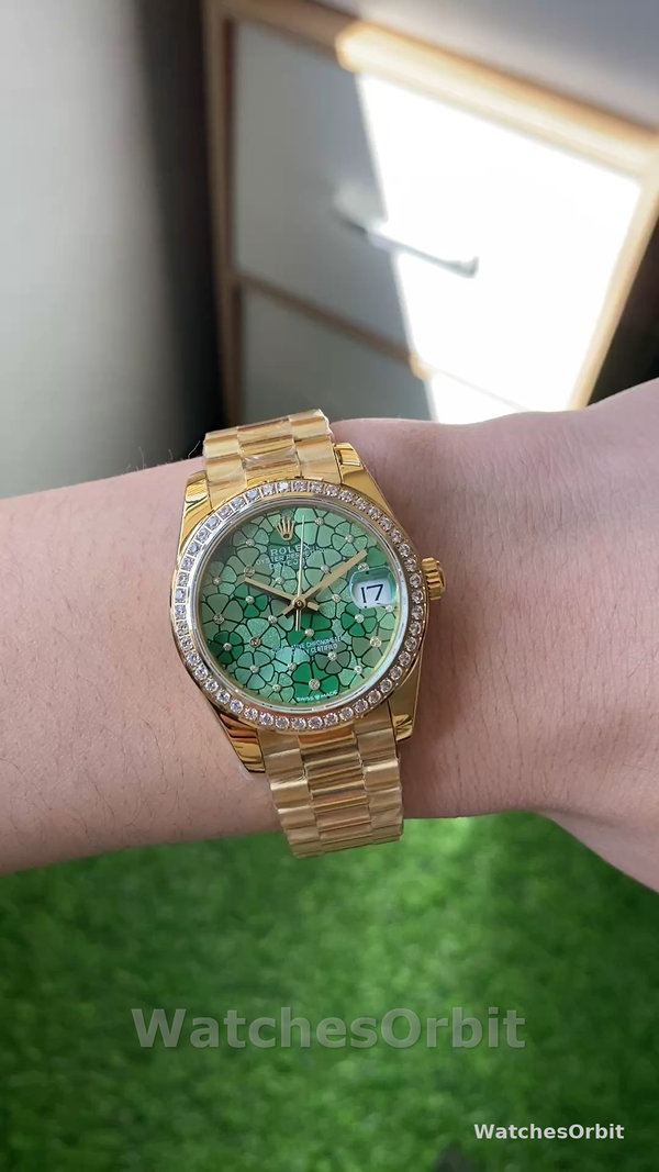 Women's Rolex Datejust 31-M278288RBR 0038, Yellow Gold, Olive Green, Floral Motif, Diamond Bezel Green Dial
