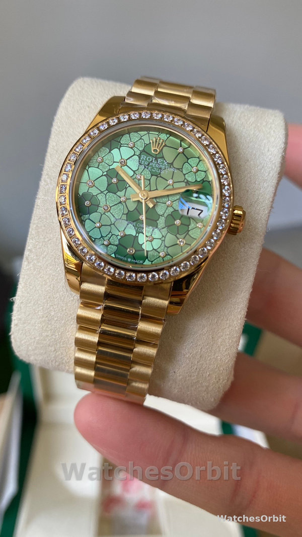 Rolex Datejust 31 Yellow Gold Olive Green Floral Motif Diamond Bezel M278288RBR 0038