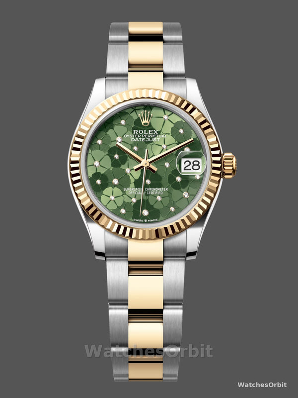 Rolex Datejust 31 Yellow Gold Olive Green Floral Motif Diamond Dial m278273 0031