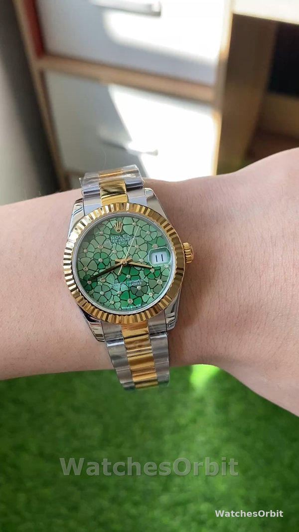 Women's Rolex Datejust 31-m278273 0031, Yellow Gold, Olive Green, Floral Motif, Diamond Dial Green Dial