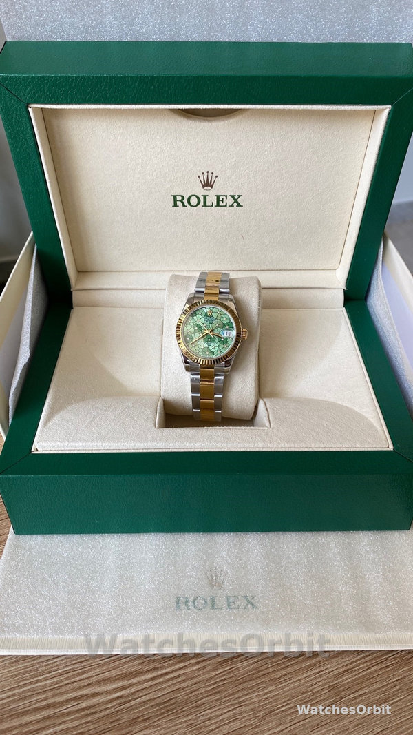 Womens Rolex Datejust 31-m278273 0031, Yellow Gold, Olive Green, Floral Motif, Diamond Dial Green Dial Replica Watch Image