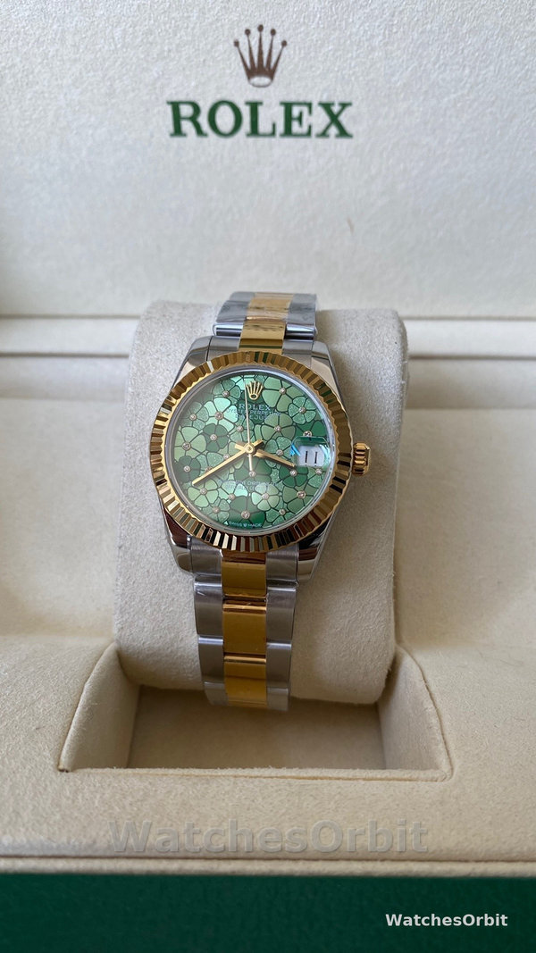 Womens Rolex Datejust 31-m278273 0031, Yellow Gold, Olive Green, Floral Motif, Diamond Dial Green Dial Replica Watch Image