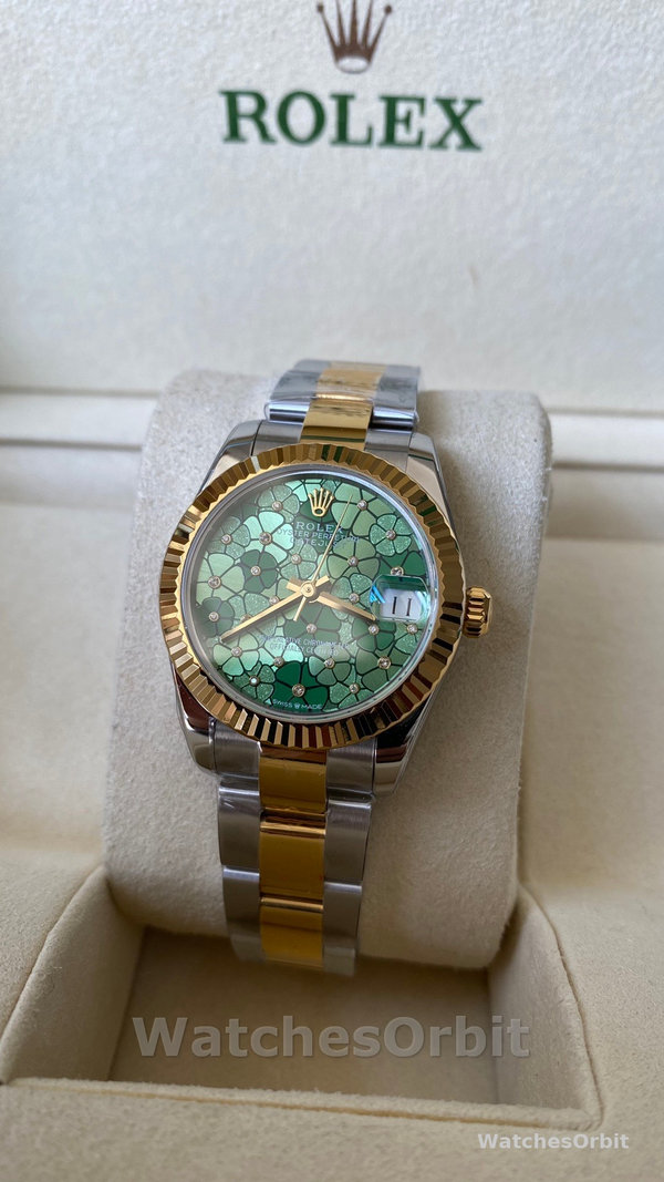 Womens Rolex Datejust 31-m278273 0031, Yellow Gold, Olive Green, Floral Motif, Diamond Dial Green Dial Replica Watch Image
