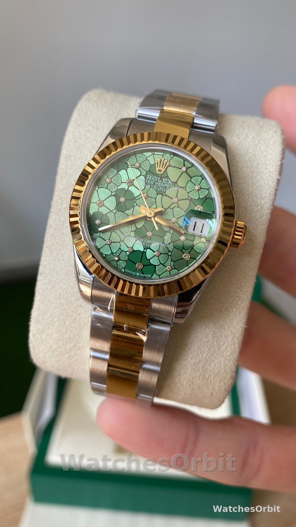 Womens Rolex Datejust 31-m278273 0031, Yellow Gold, Olive Green, Floral Motif, Diamond Dial Green Dial Replica Watch Image