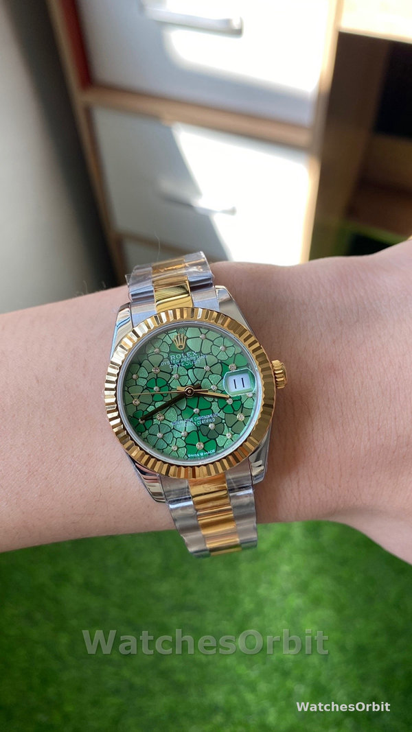 Womens Rolex Datejust 31-m278273 0031, Yellow Gold, Olive Green, Floral Motif, Diamond Dial Green Dial Replica Watch Image