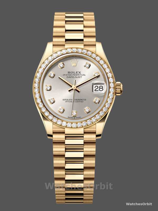 Rolex Datejust 31 Yellow Gold Silver Diamond Dial Diamond Bezel M278288RBR 0028 Women's Watch