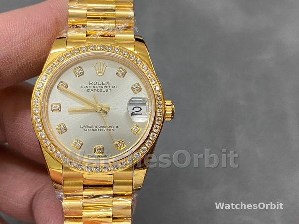 Replica Rolex Datejust 31 Gelbgold Silber Diamant Zifferblatt Diamant Lünette M278288RBR 0028 Damenuhr Exklusives Design