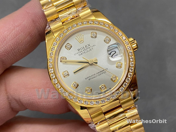 Replica Rolex Datejust 31 Gelbgold Silber Diamant Zifferblatt Diamant Lünette M278288RBR 0028 Damenuhr Exklusives Design