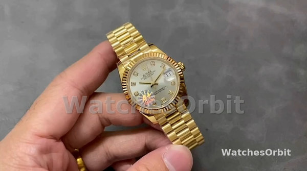 Replica Rolex Datejust 31-M278278 voor dames, geelgoud, zilver met diamant wijzerplaat