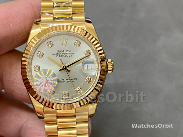 Replica Rolex Datejust 31-M278278 voor dames, geelgoud, zilver met diamant wijzerplaat