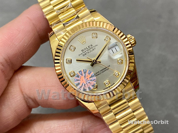 Replica Rolex Datejust 31-M278278 voor dames, geelgoud, zilver met diamant wijzerplaat