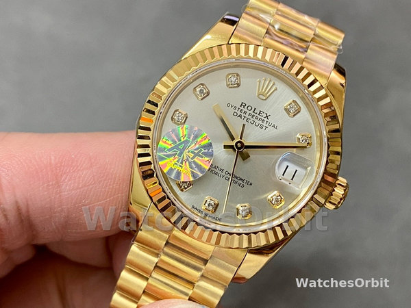 Replica Rolex Datejust 31-M278278 voor dames, geelgoud, zilver met diamant wijzerplaat