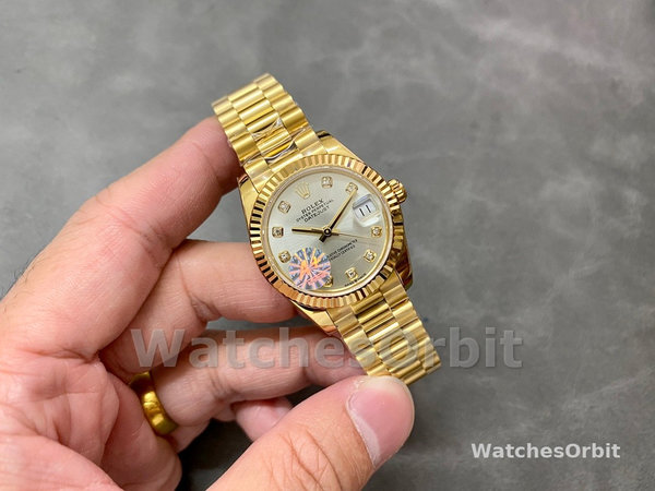 Replica Rolex Datejust 31-M278278 voor dames, geelgoud, zilver met diamant wijzerplaat