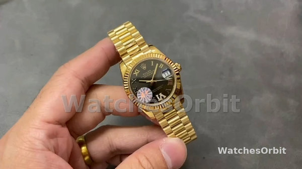 Replica Dames Rolex Datejust 31-M278278, Geelgoud, Donkergrijze Romeinse VI, President Donkergrijze Wijzerplaat