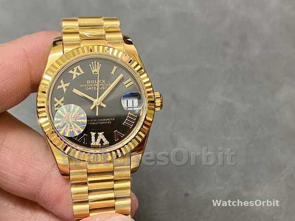 Replica Dames Rolex Datejust 31-M278278, Geelgoud, Donkergrijze Romeinse VI, President Donkergrijze Wijzerplaat