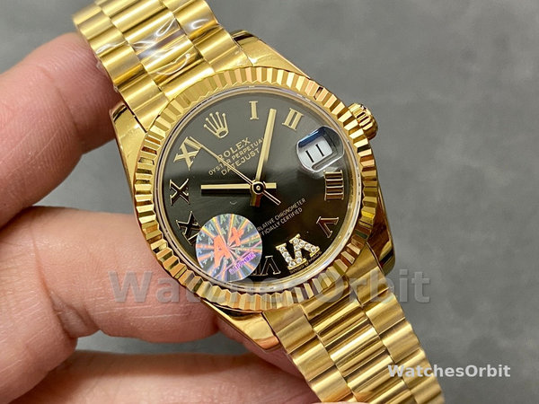 Replica Dames Rolex Datejust 31-M278278, Geelgoud, Donkergrijze Romeinse VI, President Donkergrijze Wijzerplaat