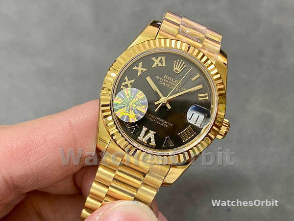 Replica Dames Rolex Datejust 31-M278278, Geelgoud, Donkergrijze Romeinse VI, President Donkergrijze Wijzerplaat