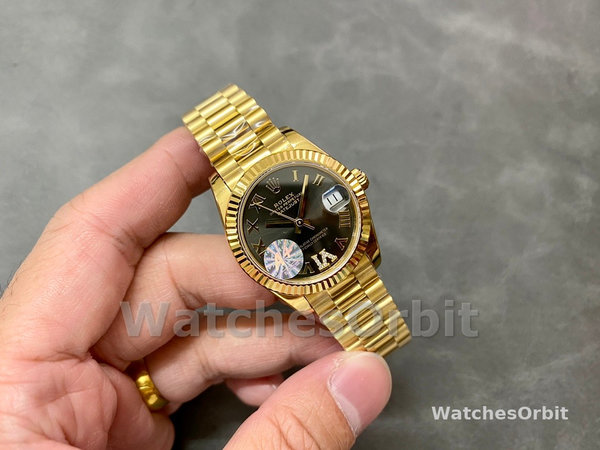 Replica Dames Rolex Datejust 31-M278278, Geelgoud, Donkergrijze Romeinse VI, President Donkergrijze Wijzerplaat