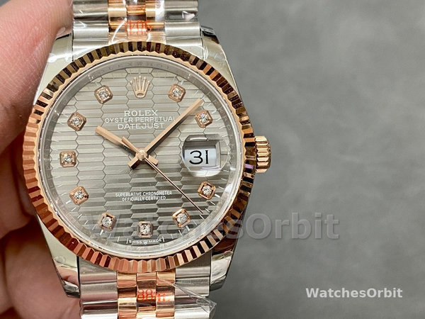 Unisexs Rolex Datejust 36-126231 0041, 18K Everose Gold, Fluted Bezel, Unisex Slate Grey Fluted Motif Dial Replica Watch Image