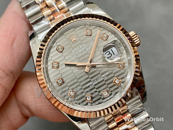 Unisexs Rolex Datejust 36-126231 0041, 18K Everose Gold, Fluted Bezel, Unisex Slate Grey Fluted Motif Dial Replica Watch Image