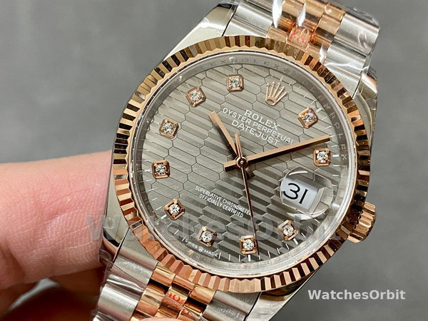 Unisexs Rolex Datejust 36-126231 0041, 18K Everose Gold, Fluted Bezel, Unisex Slate Grey Fluted Motif Dial Replica Watch Image