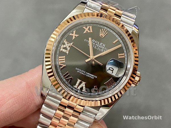 Rolex Datejust 36 Everose Gold Slate Diamond Pave Roman Dial m126231 0023 Women's Watch