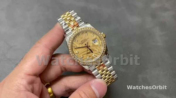 Replica Dames Rolex Datejust 36-126283RBR, Gouden Palm Motief, 0023 Wijzerplaat, Jubileum Armband Gouden Palm Motief Wijzerplaat